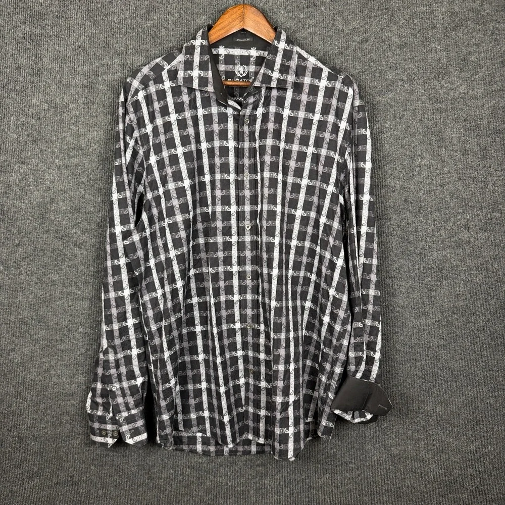 Bugatchi Uomo Shirt Mens XL Black Paisley Plaid Long Sleeve Button Up Stretch